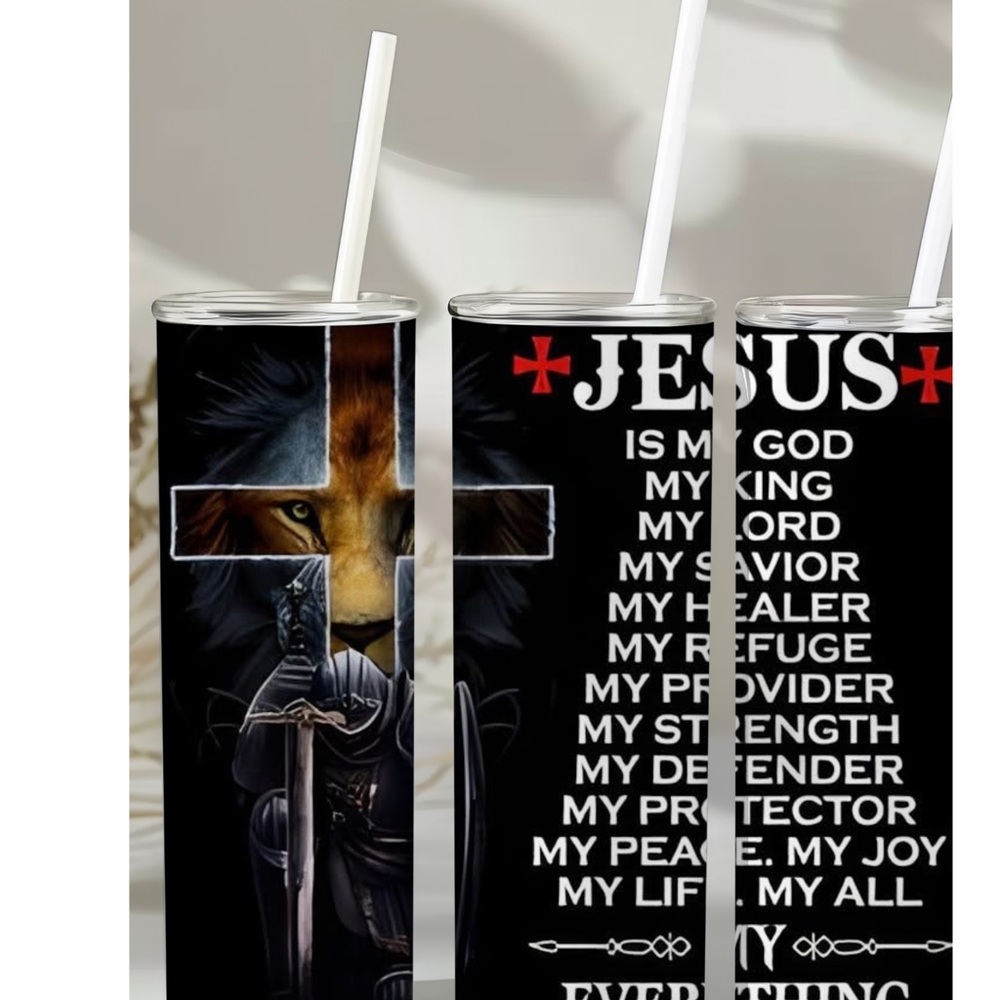 Religious Tumbler with Lion and Cross Design